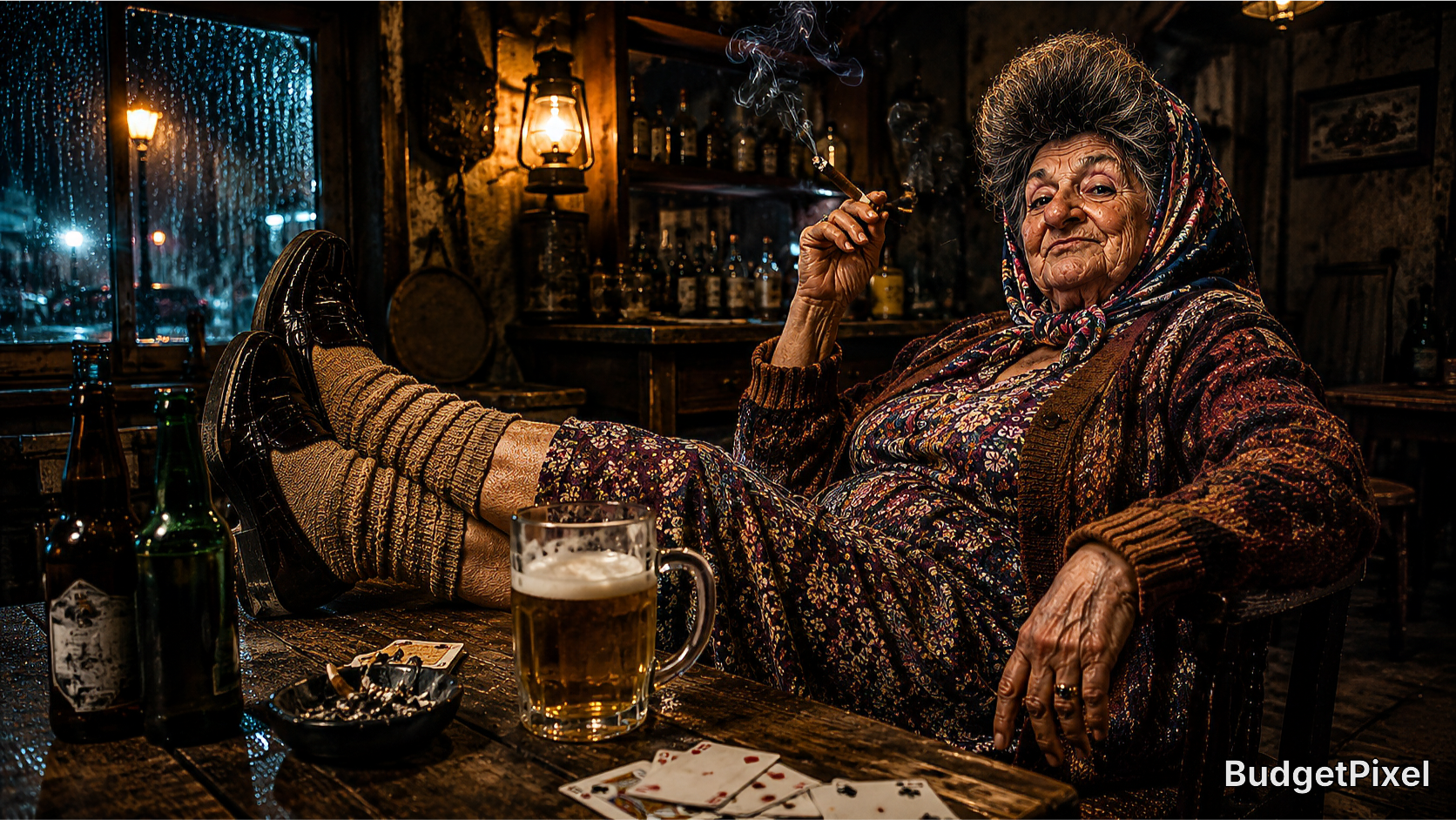 Senior woman relaxing in a dim rustic bar, smoking a cigarette with a beer and playing cards on the table.