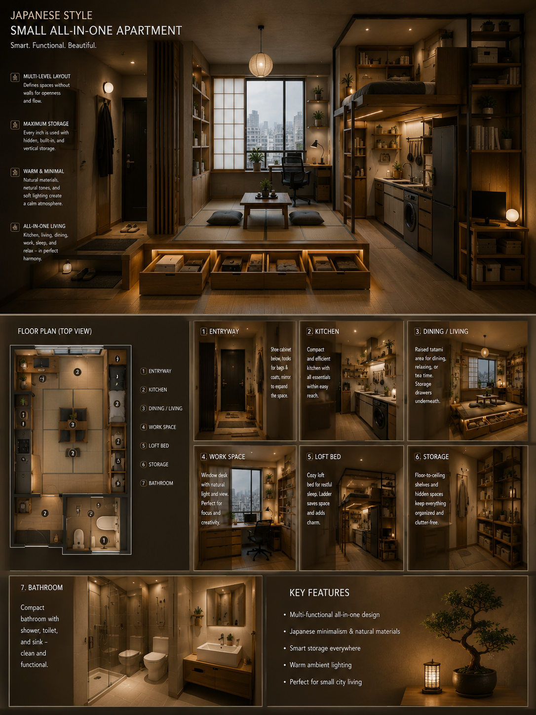 Japanese-style small all-in-one apartment interior with loft bed and built-in storage