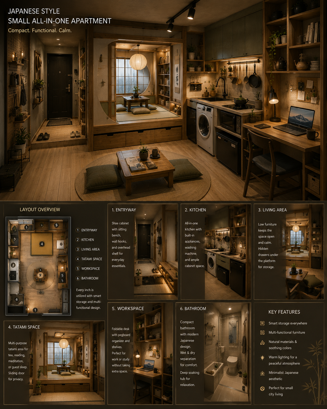 Japanese-style compact all-in-one apartment with tatami lounge, kitchen, and workspace.
