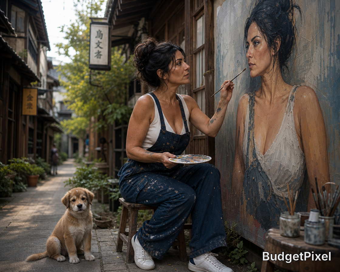 Artist painting a large portrait on a wall in an alley, with a small puppy nearby.