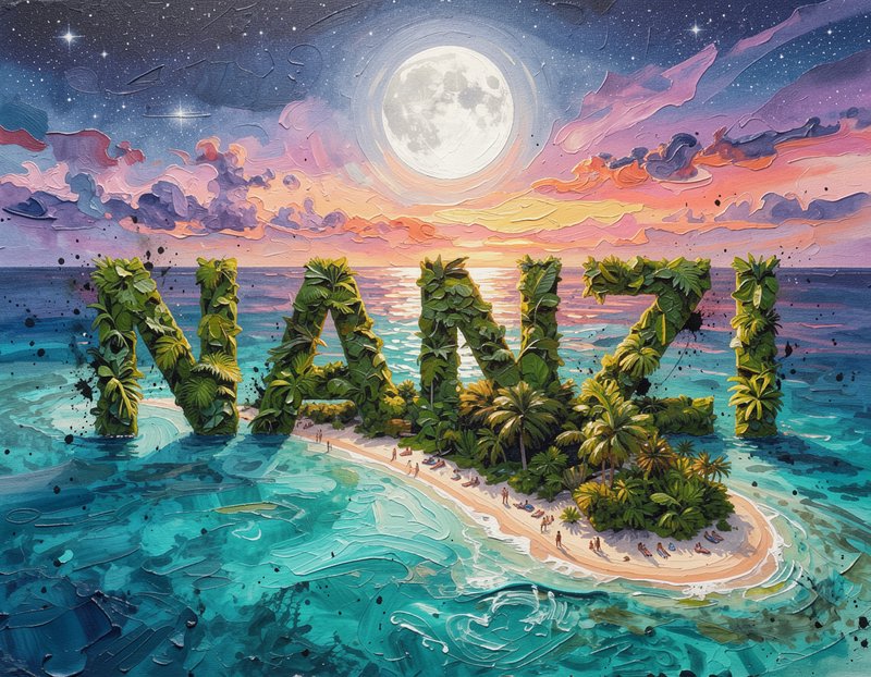Large palm-leaf letters forming the word “VAY” rise from turquoise waters near a moonlit sunset.