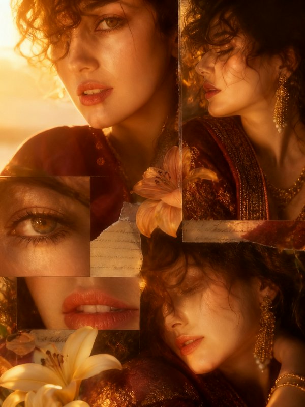 Collage-style portrait of a woman with curly hair bathed in golden sunset light, featuring close-ups of eye and lips