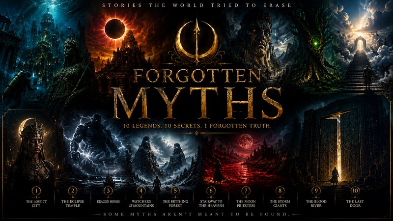 Dramatic fantasy poster titled "Forgotten Myths" with epic landscapes, dark blue tones, gold lett...