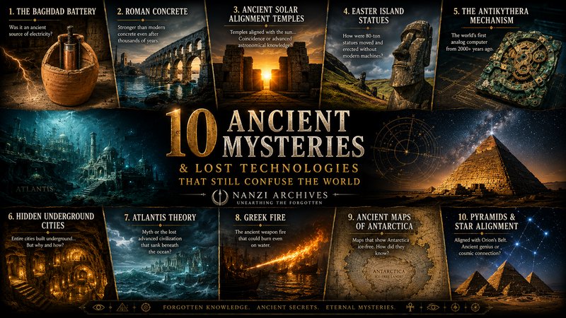 Collage poster of "10 Ancient Mysteries & Lost Technologies" featuring pyramids, Roman concrete, ...