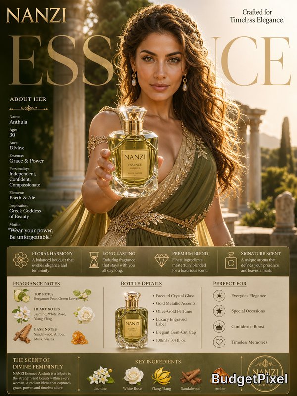 Woman in an olive-green gown holding a gold NANZI Essence perfume bottle in a classical garden se...