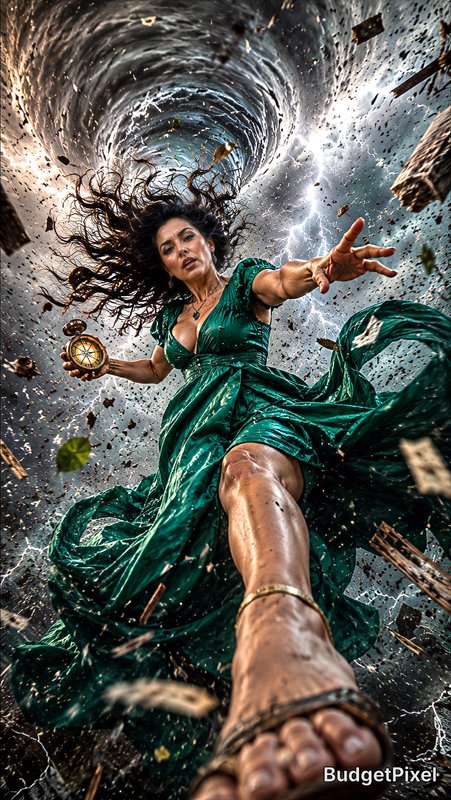 Woman in a green gown reaches toward the camera as she tumbles through a swirling vortex with fly...
