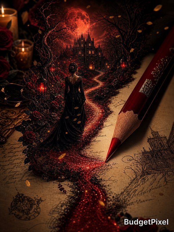 Woman in a black gown follows a glittering red path toward a Gothic castle under a red moon.