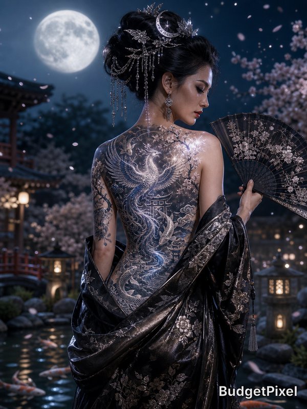 Woman with an ornate back phoenix tattoo, in a dark silk kimono under moonlight.