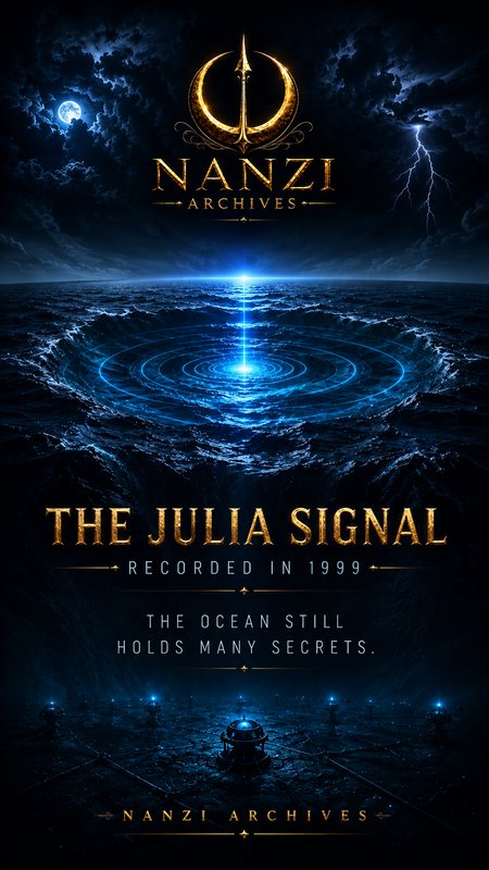 Dramatic sci-fi poster featuring a glowing blue circle on the ocean and golden “The Julia Signal”...