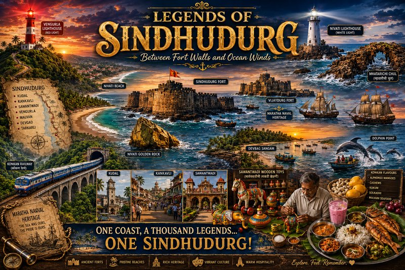 Vibrant poster collage of Sindhudurg with forts, lighthouse, beaches, ships, and local cuisine.
