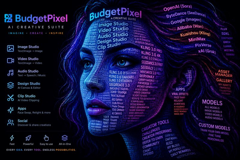 Neon-lit digital portrait featuring BudgetPixel AI Creative Suite branding and tool categories on...