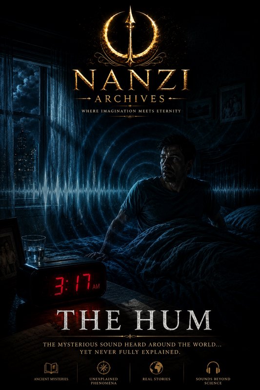 Movie poster for The Hum with a man in bed, glowing sound waves, and a red digital alarm clock.