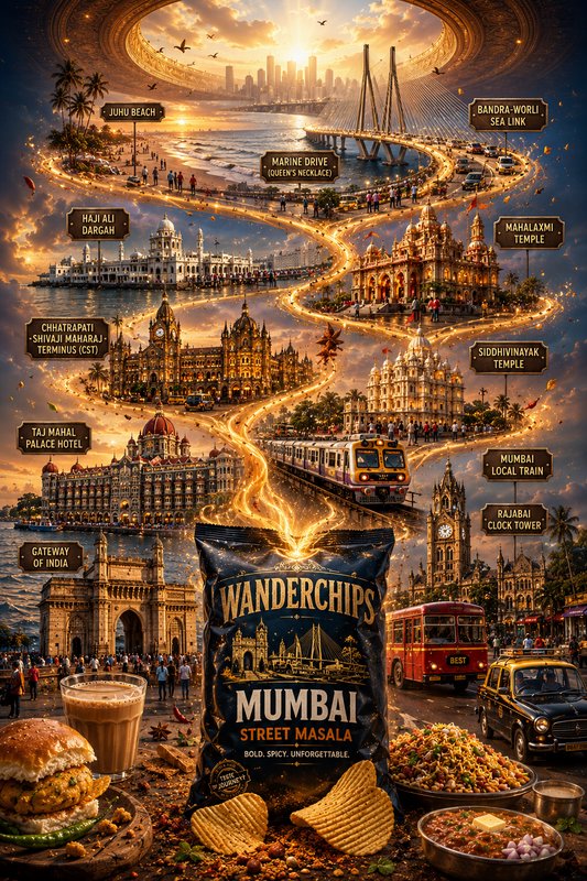 Fantasy poster of Wanderchips Mumbai Street Masala with a glowing road weaving through Mumbai lan...