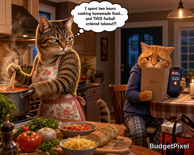 Two cats in a cozy kitchen; one cooks pasta in a floral apron, the other reads a menu while order...