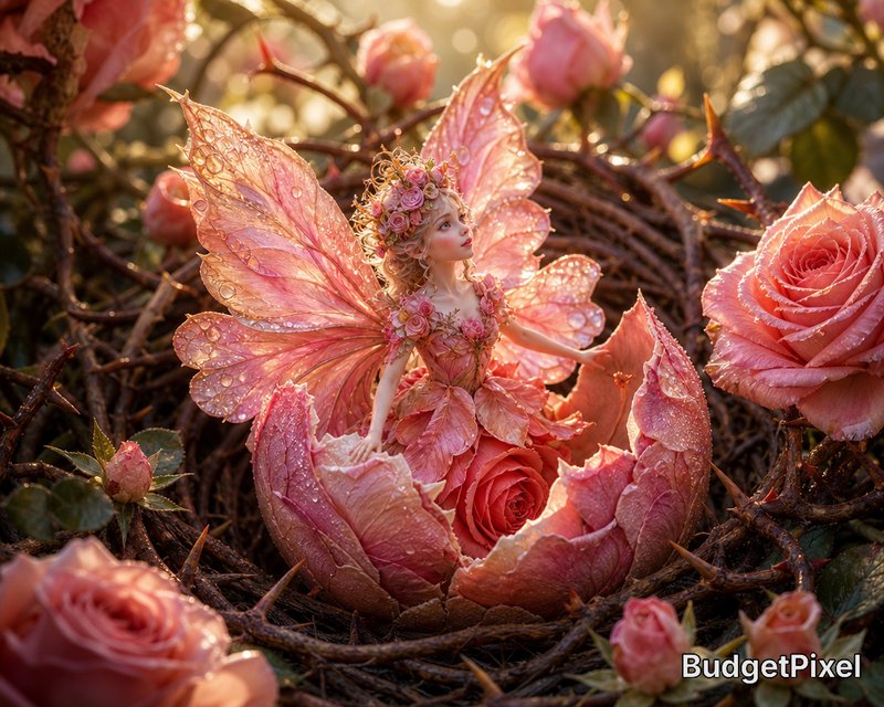Pink-winged fairy figure perched inside a rosebud nest among dew-kissed roses.