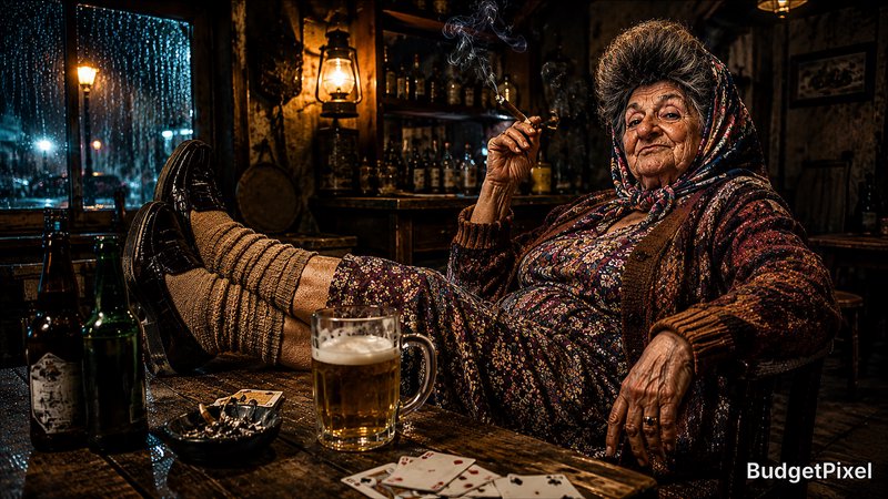 Senior woman relaxing in a dim rustic bar, smoking a cigarette with a beer and playing cards on t...