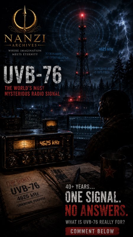 Dark radio operation scene featuring UVB-76 poster and a technician at a vintage console.