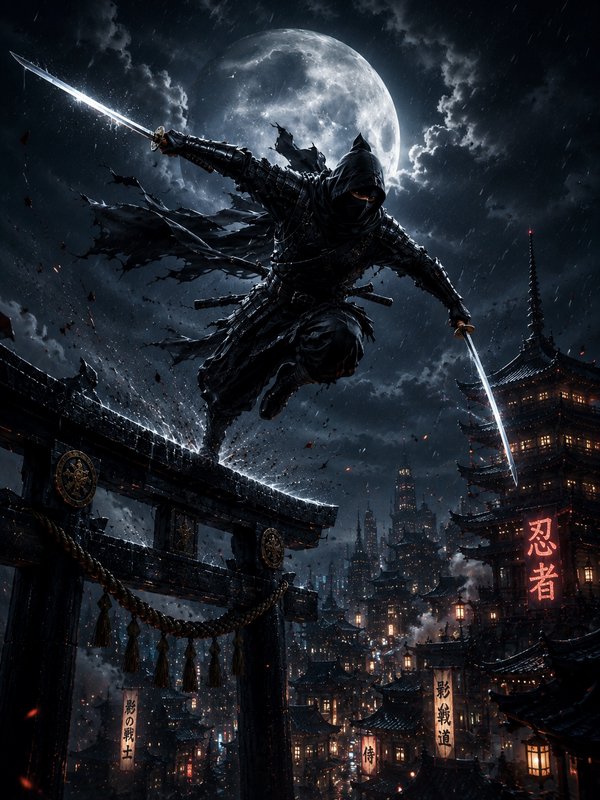 Ninja warrior leaping between rooftops under a full moon with glowing swords.