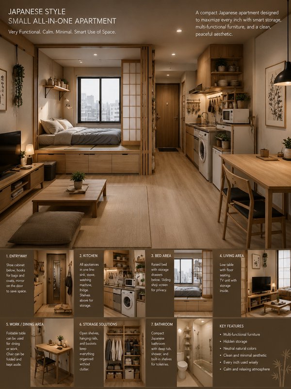 Japanese-style compact all-in-one apartment with warm wood, multi-functional furniture, and optim...