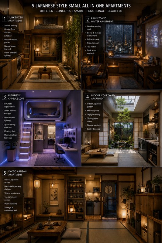 Collage of five Japanese-style small all-in-one apartments with cozy wooden interiors and courtya...