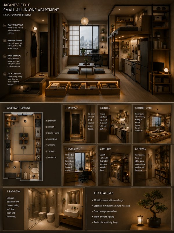 Japanese-style small all-in-one apartment interior with loft bed and built-in storage