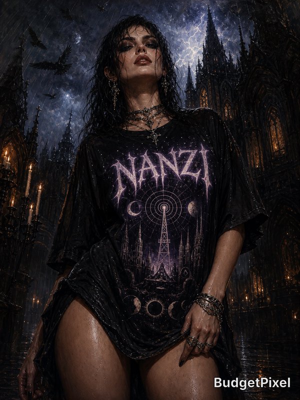 Woman in a wet black gothic graphic tee stands in a stormy gothic cathedral backdrop with rain an...