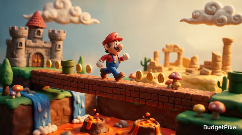 Claymation Mario walks a brick bridge over a lava-filled valley with a castle backdrop.