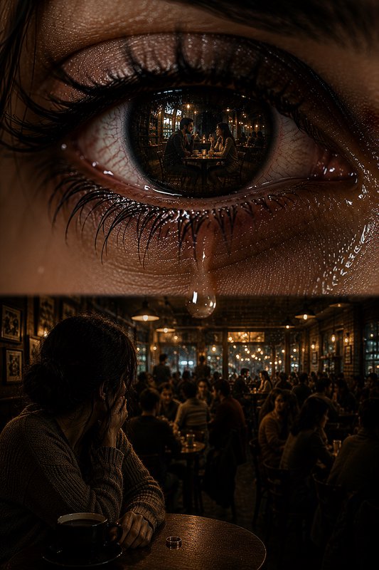 Close-up eye with a tear reflecting a cozy cafe scene at night