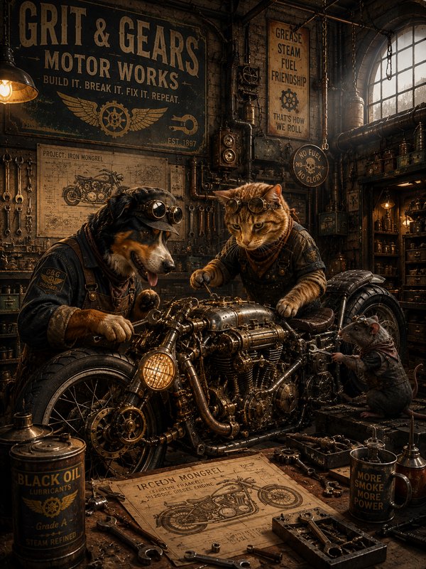 Steampunk dog and cat engineers work on a vintage motorcycle in a cluttered workshop