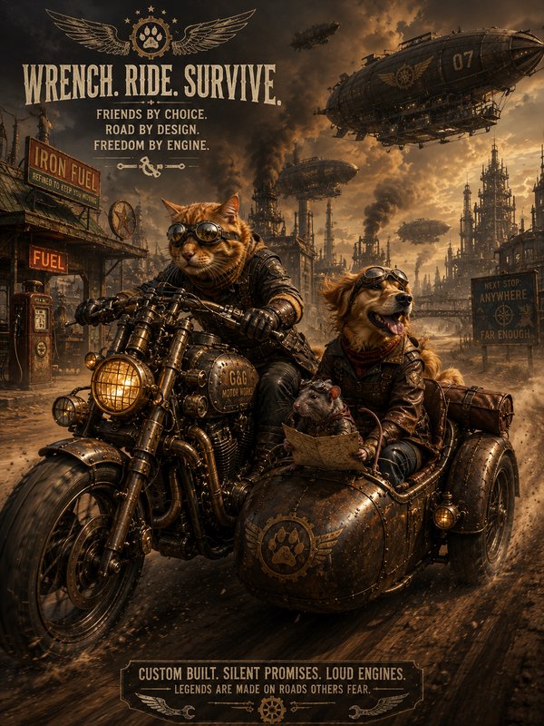 Two dogs in steampunk gear ride a vintage motorcycle with a sidecar through a smoky, industrial c...