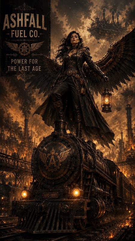 Woman with dark wings atop a vintage steam locomotive in a fiery steampunk city at dusk