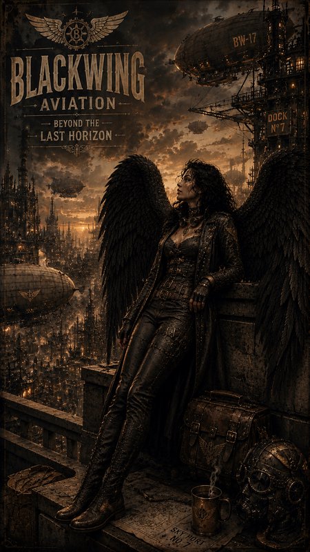 Dark steampunk poster showing a winged woman in leather, overlooking a smoky industrial city at d...