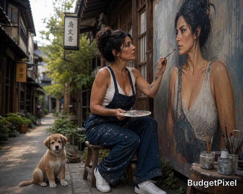 Artist painting a large portrait on a wall in an alley, with a small puppy nearby.