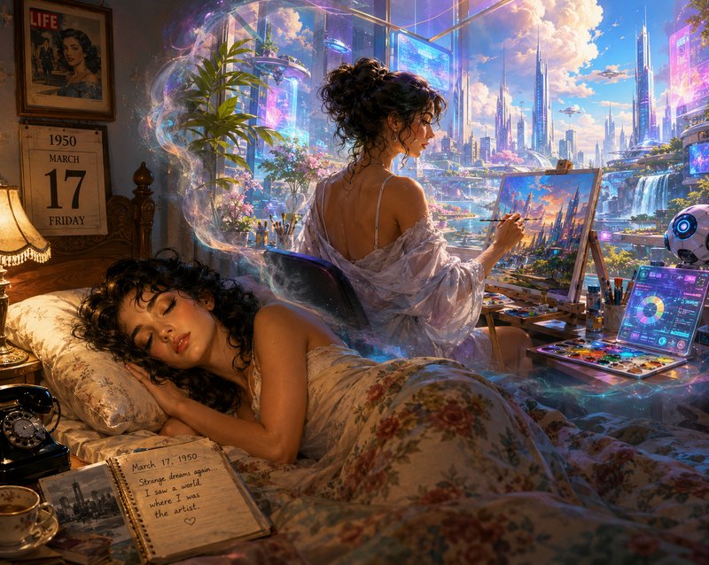 Dreamlike scene of two women in a cozy bedroom painting, overlooking a neon futuristic cityscape.
