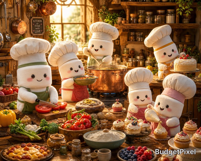 Cute plush chef figures baking in a rustic kitchen with cupcakes and fresh veggies.