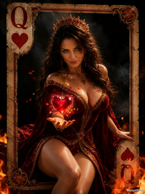 Queen of Hearts fantasy artwork, regal woman in red gown holding glowing crystal heart inside orn...