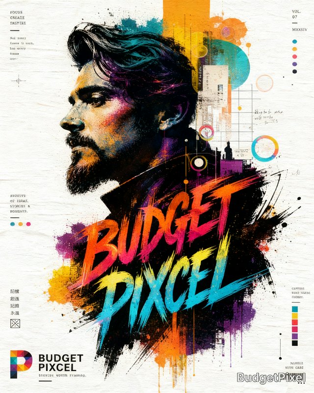 Artistic mixed media profile portrait of a bearded man with vibrant paint splatters, overlaid wit...