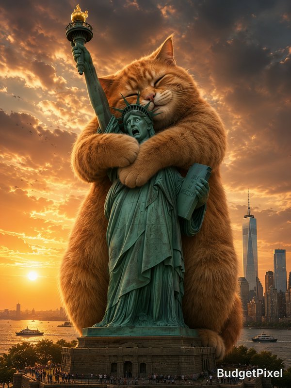 Giant fluffy orange tabby cat hugging a startled Statue of Liberty during golden New York City su...