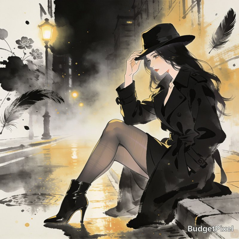Ink wash illustration of a stylish woman in a black fedora and trench coat sitting on a foggy wet...