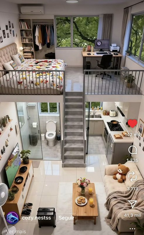 Modern two-story loft with upstairs bedroom, open living area, and workspace by large windows.