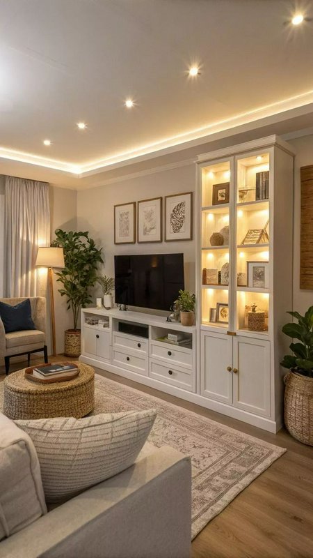 Cozy modern living room with white entertainment unit, built-in shelves, and warm ambient lighting.