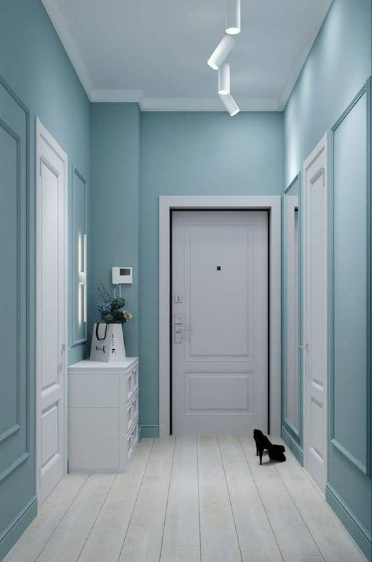 Teal hallway with white doors, a small dresser, plant, and black heels near a closed door.