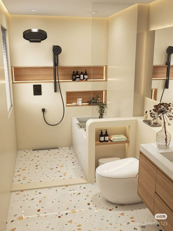 Modern spa-like bathroom with walk-in shower, rainfall head, and terrazzo floor.