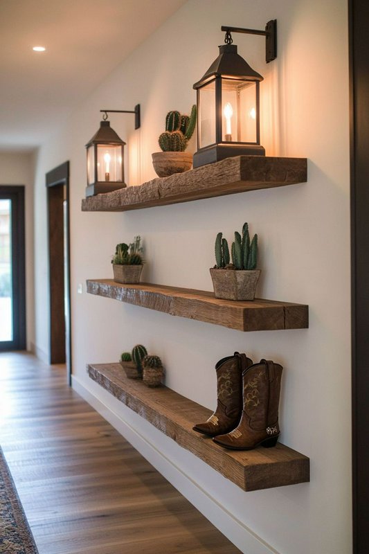 Rustic wooden wall shelves with lanterns and small cacti, plus cowboy boots on the lower shelf.
