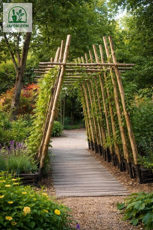 Wooden bamboo archway over a gravel garden path with lush greenery and flowers.