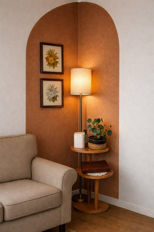 Cozy living room corner with arched brown accent wall, lamp, plant, and side tables.