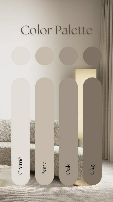 Color Palette display with five neutral swatches labeled Creme, Bone, Oak, and Clay in a cozy living room.