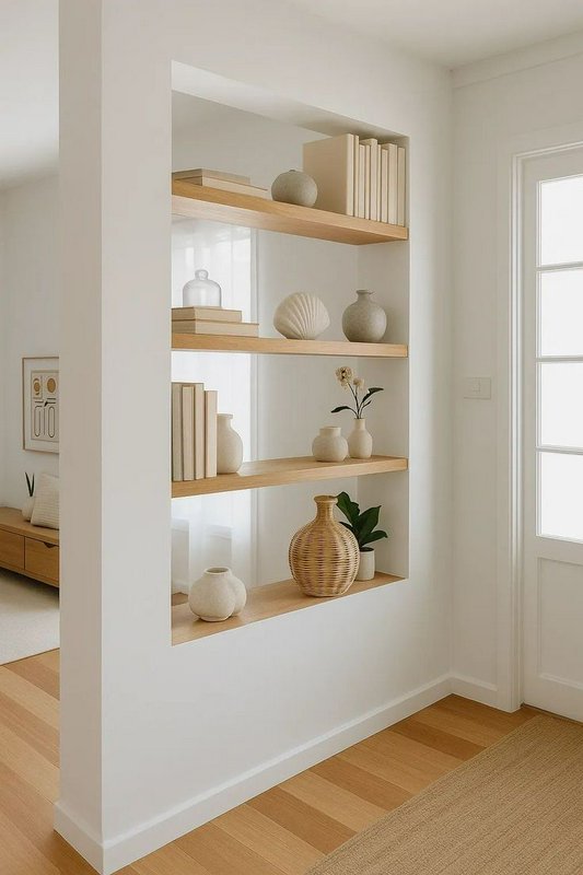 Minimalist white hall alcove with wooden open shelves displaying neutral vases, books, and decor.