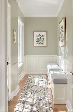 Bright hallway with wainscoting, bench seating, and botanical wall art
