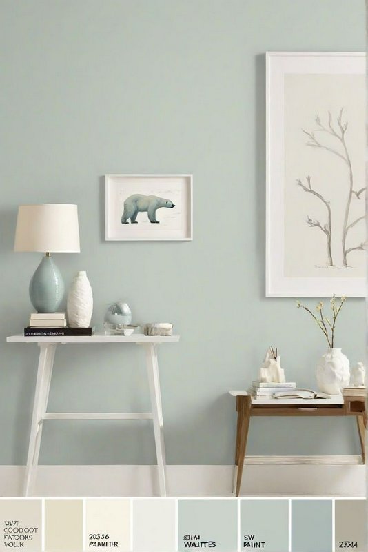 A pastel-blue living room vignette with a white console table, ceramics, and framed art including a polar bear and a large...